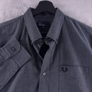 Fred Perry Gingham Button Shirt Mens Size Large Black Gray Long Sleeve